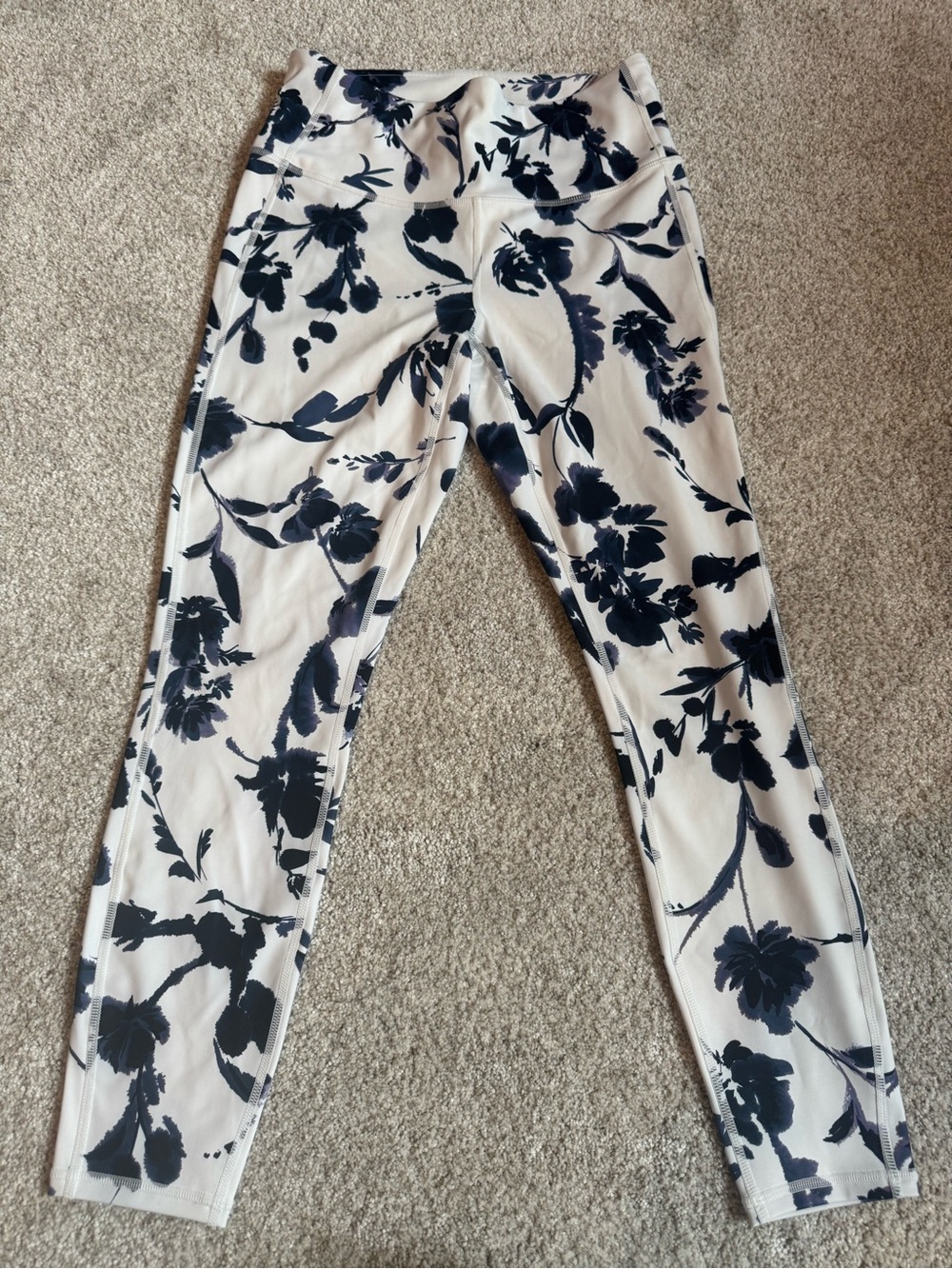 Athleta White Leggings with Navy Floral Print